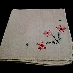 Vintage Child's White Hanky Embroderied Pink Flowers 9"x 8 1/2"